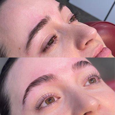 Beautiful treatment of Eyebrows thread+lamination & Eyelashes lift before and after image of client