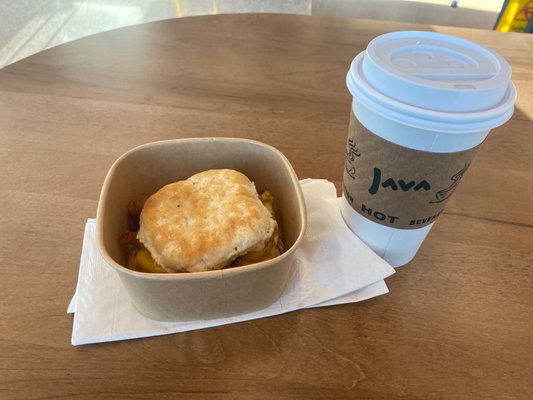 Breakfast biscuit and coffee.