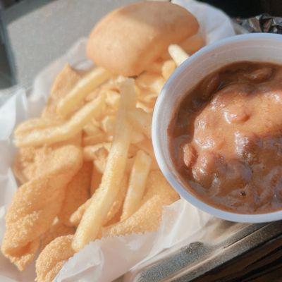 4 piece fish w/fries, red beans  and rice with a roll