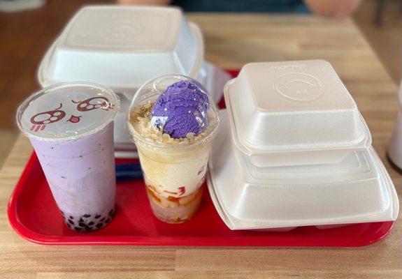 Taro Milk Tea with Boba, Halo-Halo, Lumpia Shanghai (5 Piece), Grilled Bangus & Lechon Kawali both came with Pancit & Rice!