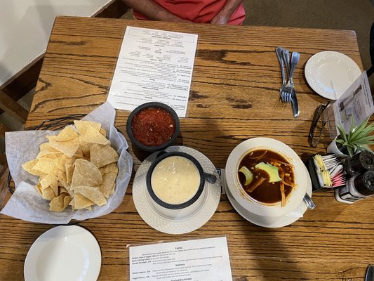 Chips, Salsa, Queso and Chicken Tortilla Cup