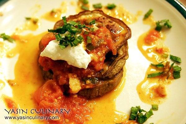 Bazinjan Miqli, an eggplant dish with coriander sauce.