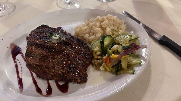 elk, risotto, veggie medley