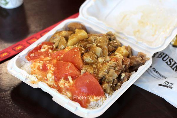 $13 combination: Tomato and Egg, Red Braised Pork Ribs, Chicken and Potato