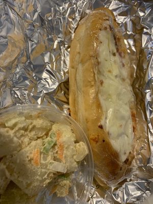 Eggplant parm sandwich (small) and yummy potato salad.