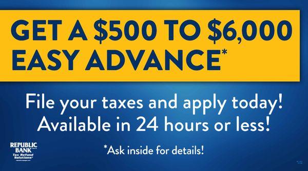 Get IRS tax refund anticipation loan up to  $6000 EIC rules and applies no guarantee  of loan or refund  No upfront fee