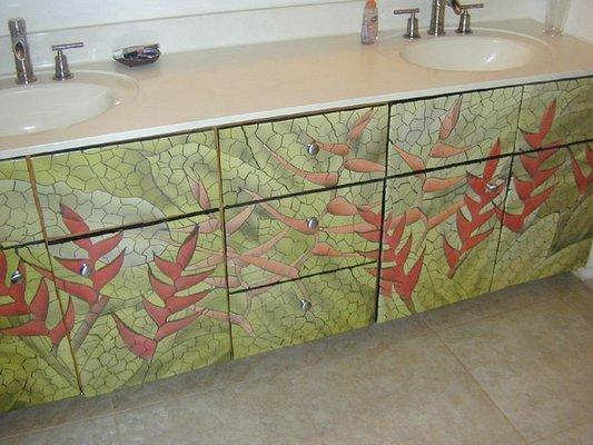 Handmade Ceramic tile mosaic mural bathroom cabinets.