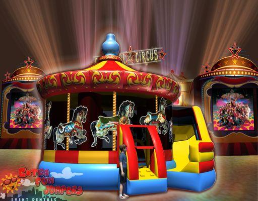 Carousel Bouncer With Slide. This Inflatable is excellent for a Carnival theme event. It Features stunning Graphics, Mesh panels for great v