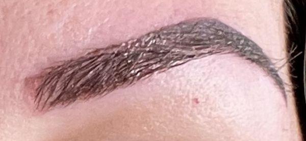 Close-up of left/high brow: bottom of stencil was aligned just above natural brow line at arch, accentuating height