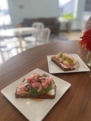 Prosciutto and Apple Toast (back) and Goat Cheese Avocado Toast (front)