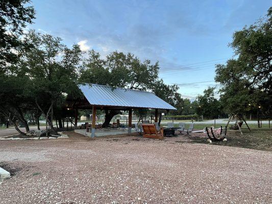 Awesome communal space with fire pit, lots of seating, and games!