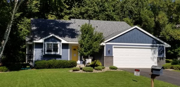 Completed Project in Chanhassen, MN. We installed new Roof, New Soffit & Fascia, Steel 6" Siding w/ LP Smartside Trim & Shakes in Gables.