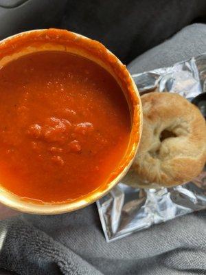 Tomato Bisque (Vegan and Gluten Free) and Plain Bagel