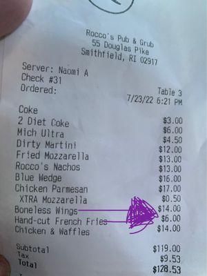 Our bill with $20 for chicken fingers and ff for kids meal