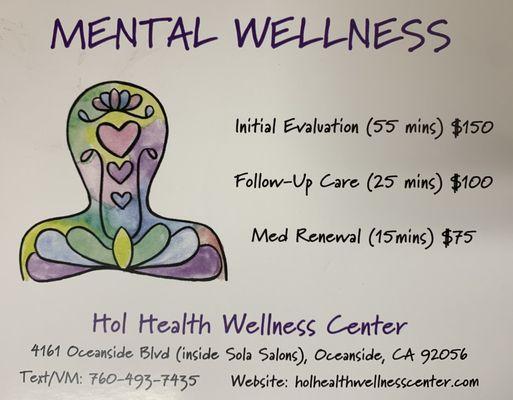 Overview of our mental wellness offerings and price list