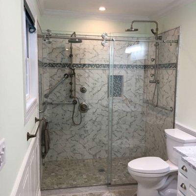 Euroglide shower enclosure enhances this beautiful bathroom