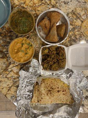 Chicken Saag (G)Chicken Korma (G)Aloo Naan Vegetable Samosa (2 pc)(v) Vegetable Pakora