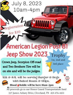 Jeep Show, July 8, 2023
 $10 Registration