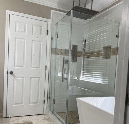 Tile shower and freestanding tub