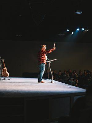 Pastor Roger preaching during a service at Celebration Church in Nampa.