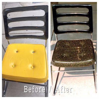 The retro black vinyl glitter seat cushions look better in person, especially when reflecting light.