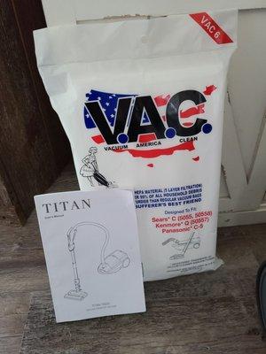 Vacuum bags and owner manual