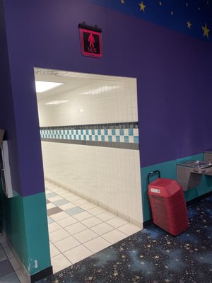 The mens restroom is with the blue checkered wall. But with the purple checkered wall, that's the women's bathroom.