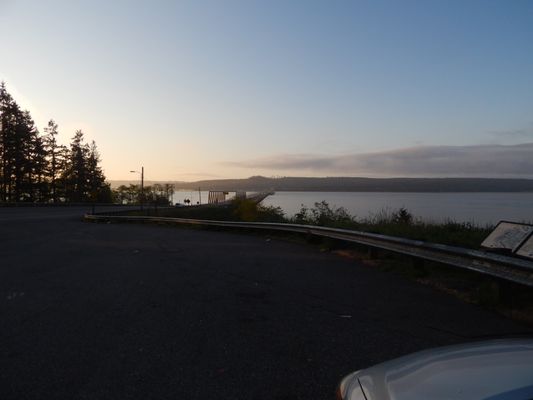 View from a commuter pull-out on the Port Ludlow end of the bridge, some informational placards off to the right.