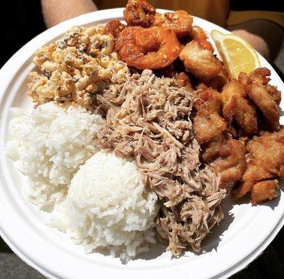 Kalua pork, mochiko chicken, Garlic buddah shrimp, rice and Mac salad