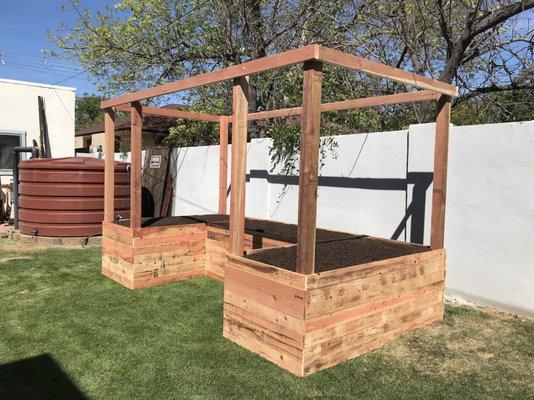 U-shaped Garden Boxes with 4x4 Posts and a Frame for Shade Cloth