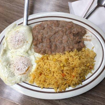 Mexican steak and eggs comes with eggs (cooked to preference), beans, and rice for $12