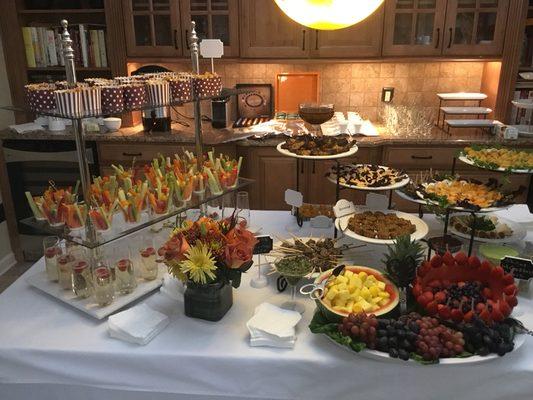 Appetizers  vegetables cups, blinis and smoked caviar, jerk wings