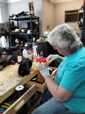 Shadow likes to supervise the hand-sewing