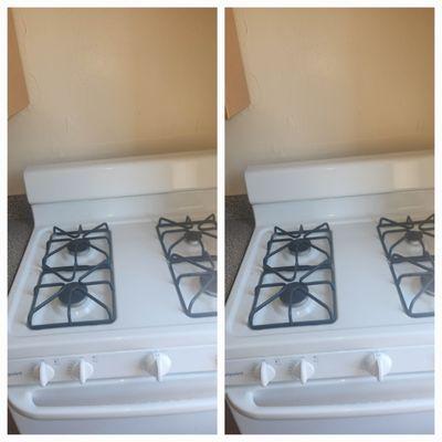 Before and After of kitche stove cleaned and sanitized