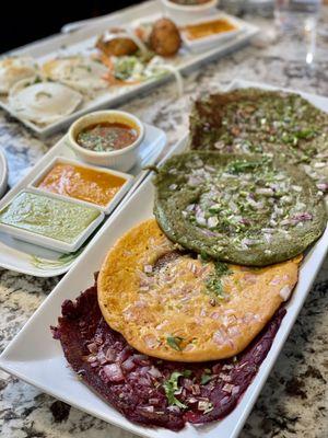 Vegan uttapam in various flavors (beetroot, spinach, etc) and pesaretu