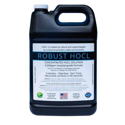 ROBUST HOCL is highly concentrated at 5000ppm. Dilute 10:1 with water to create a ready-to-use solution HOCL is nature's disinfectant.