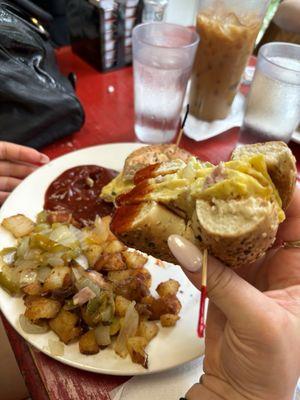 Western breakfast sandwich on everything bagel (I think)