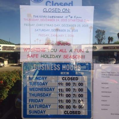 Business hours as of Dec-7-15. Don't drive here on a Monday like I did because Yelp said they were open.