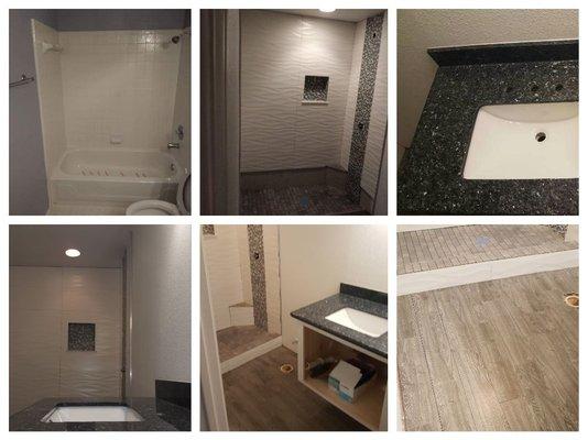 Before and after full remodel. Turned tub surround into walk in shower.  New floors and custom built full size vanity floated