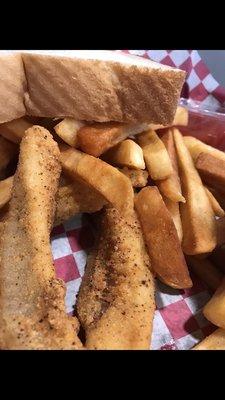 Small fish and fries with three wings and jalapeño ranch sauce on the side.