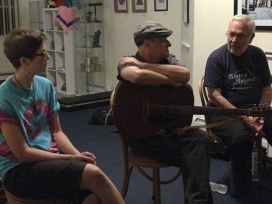 From the first Potluck Songwriter's Circle event. Phoebe Blue, Vincent Vok, John Bostrom.