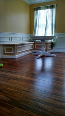 Bamboo, java flooring and a built in seat.