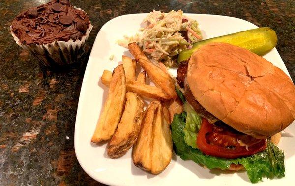 Chocolate cupcake. Veggie burger , fries and coleslaw all handmade .