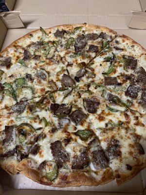 The new Cheesesteak Pizza...  thin crust with extra cheese