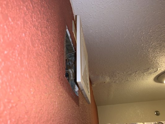 Peeling ceasing and bathroom fan falling out of the wall.