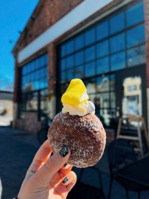 Seasonal special, the Cream Egg: chocolate brioche filled with whipped cream & pastry cream, topped with a malted chocolate egg + a Peep