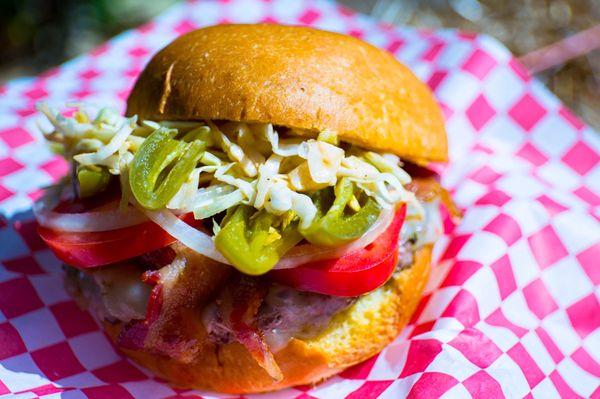 Jalapeño Maple Bacon Pepperjack cheese Burger!    Serving daily at Last Name Brewing, Upland, CA.