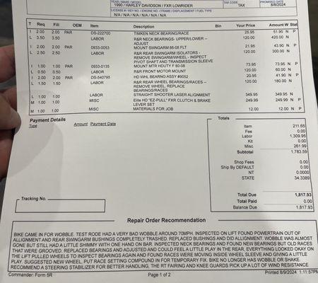 Latest invoice of work I paid for that once done the first time.