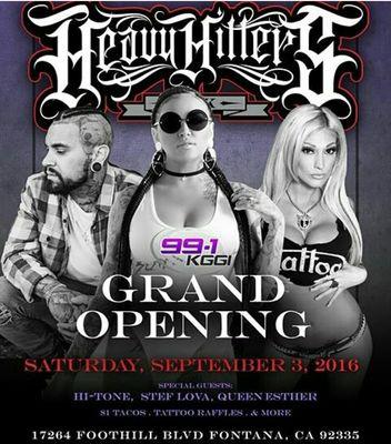 Heavy Hitters Ink is having a Grand Opening  Saturday September 3rd, 2016 at the Palmetto Plaza 17264 E. Foothill Blvd...