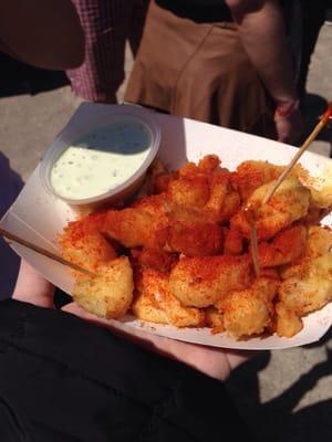 Large fries cheese curds with buffalo seasoning and jalapeño ranch dipping sauce, $10 and worth every penny (and calorie).